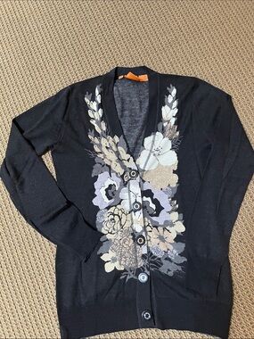 Tory Burch Black/Dark Gray V Cardigan Floral Tan Beige M